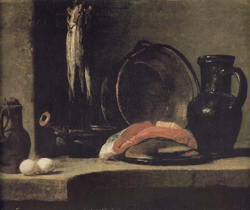 Jean Baptiste Simeon Chardin Watering can two egg earthenware cooking pot three yellow eye monkshood fish copper clepsydra fish fillet and jar oil painting image